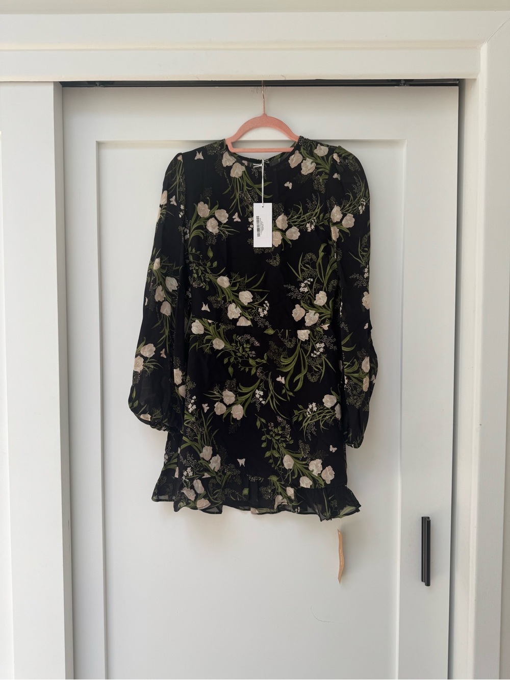 Reformation Black Floral Long Sleeve Mini Dress with Cream Blossoms